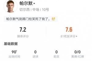 帕尔默本场数据:传球成功率100%+3关键传球1造良机 8对抗3成功